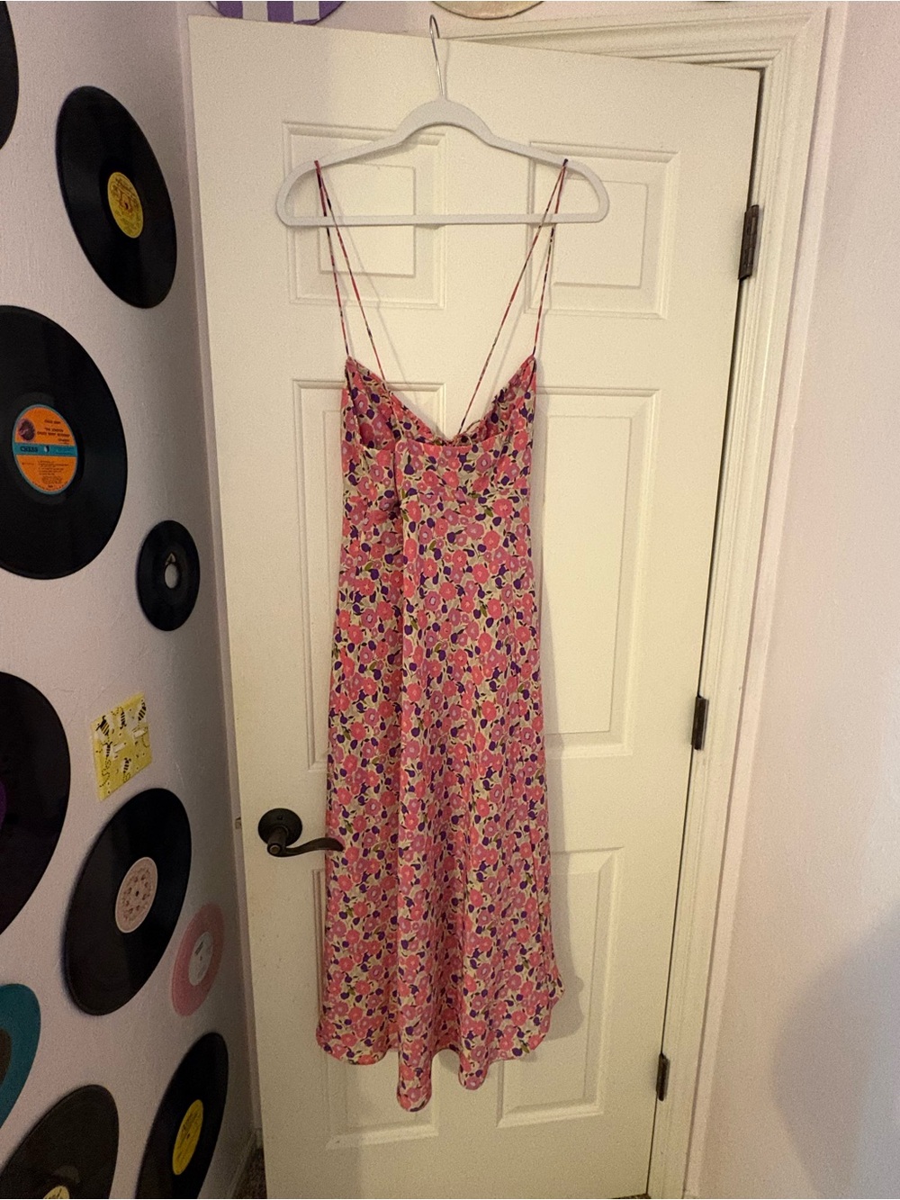 Vintage 90s Express Pink Floral Strapless Midi Dress